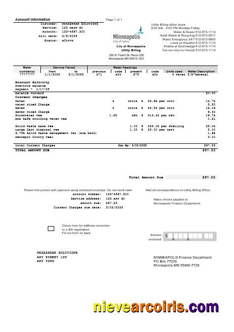 USA Minnesota Minneapolis City of Lakes business utility bill